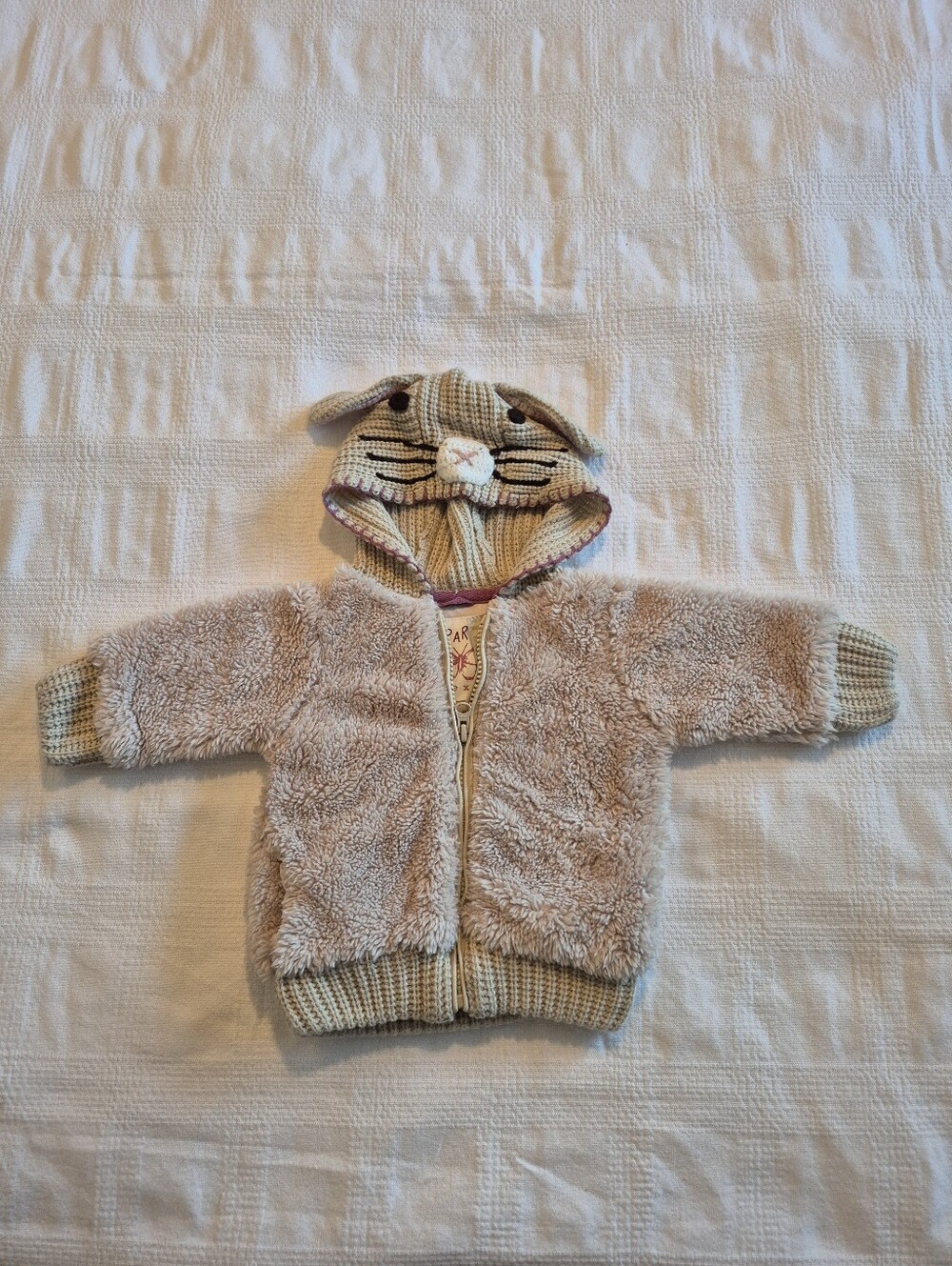 Next girls 3-6 months bunny zip up sweater, light tan, hood attached, lined EUC